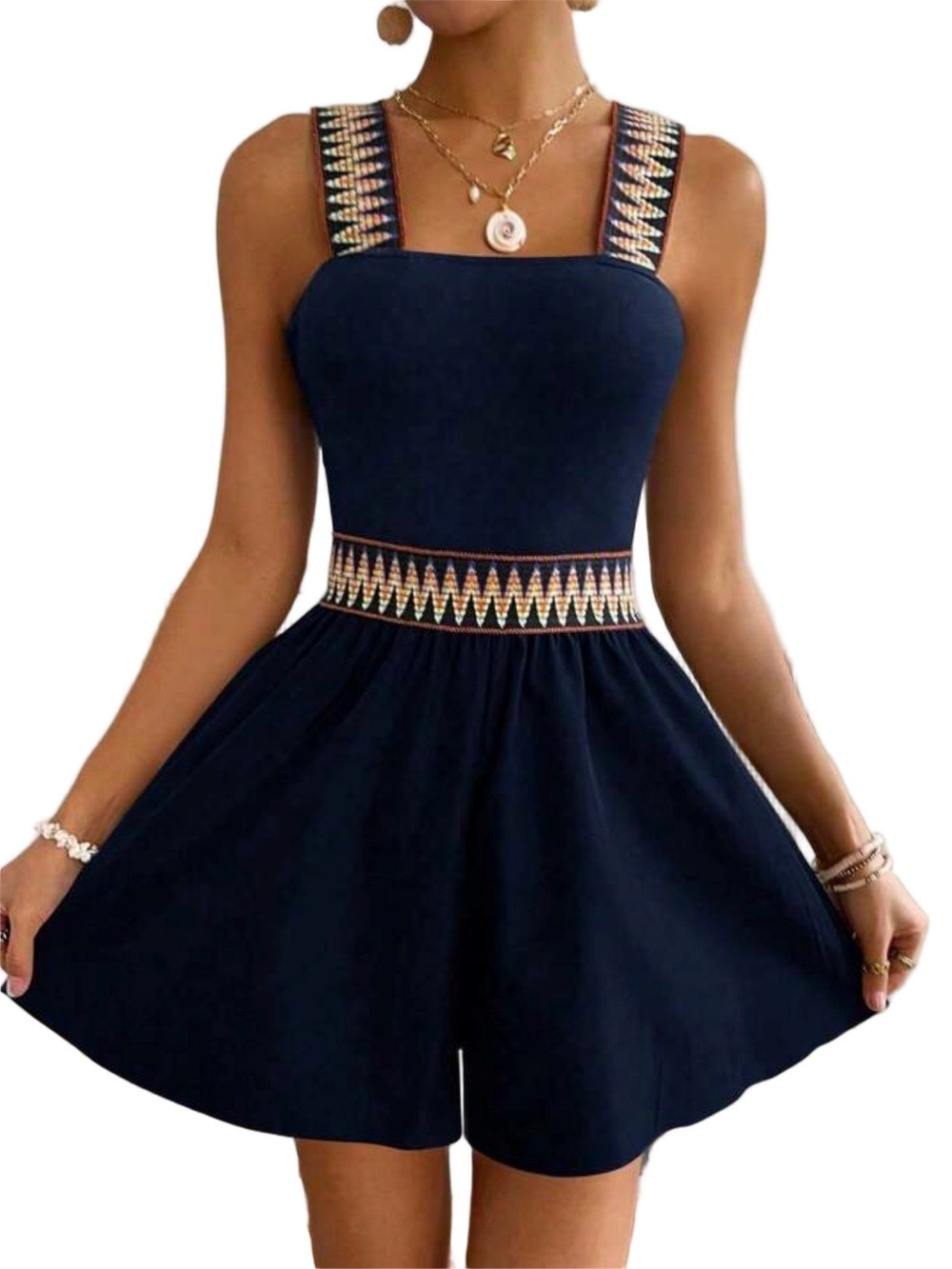 Navy Chevron Embroidered Strap Romper Sz Large